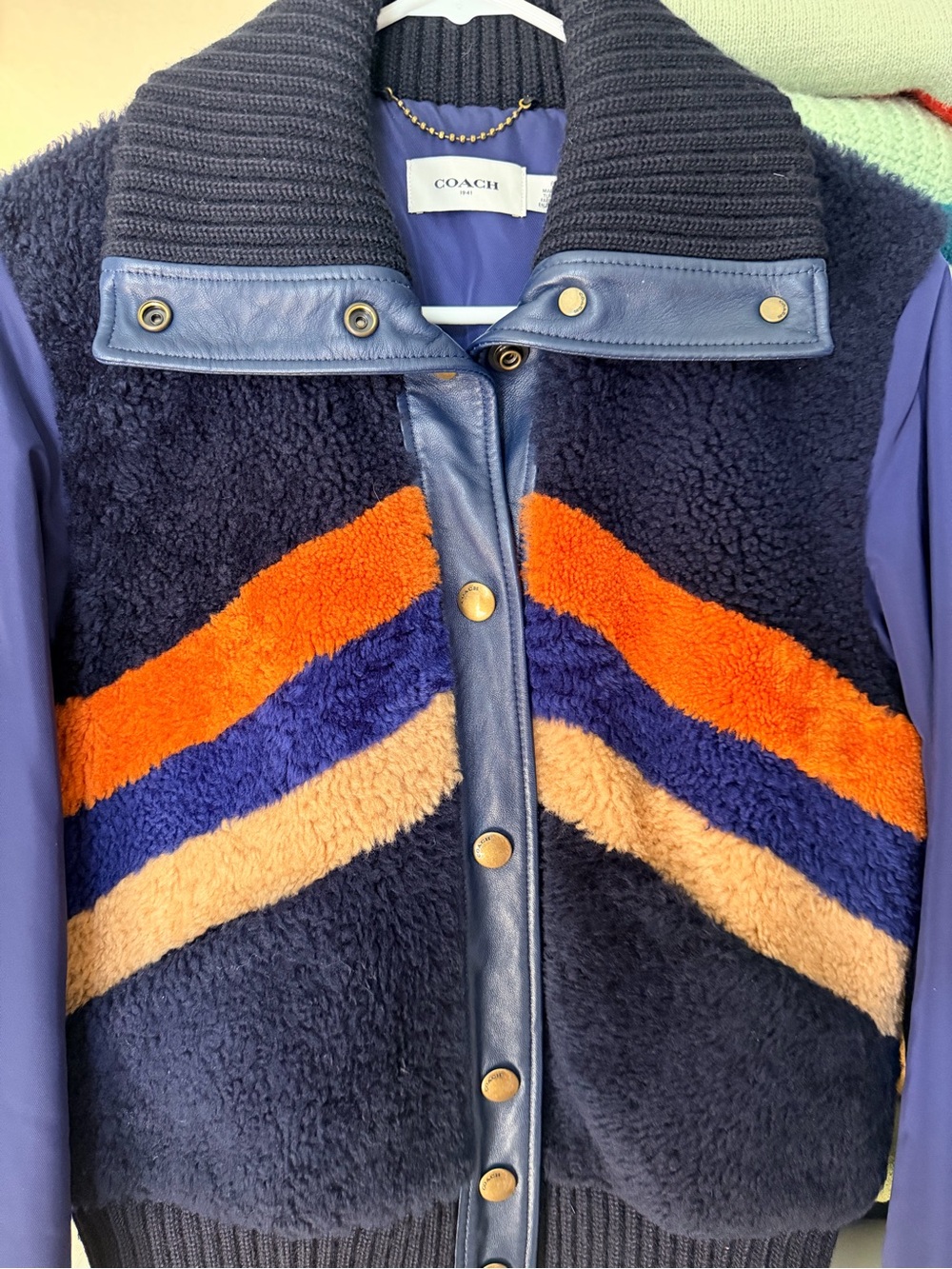 Vintage Coach Lamb Shearling Chevron Bomber Jacket with Lamb Leather - Picture 14 of 15